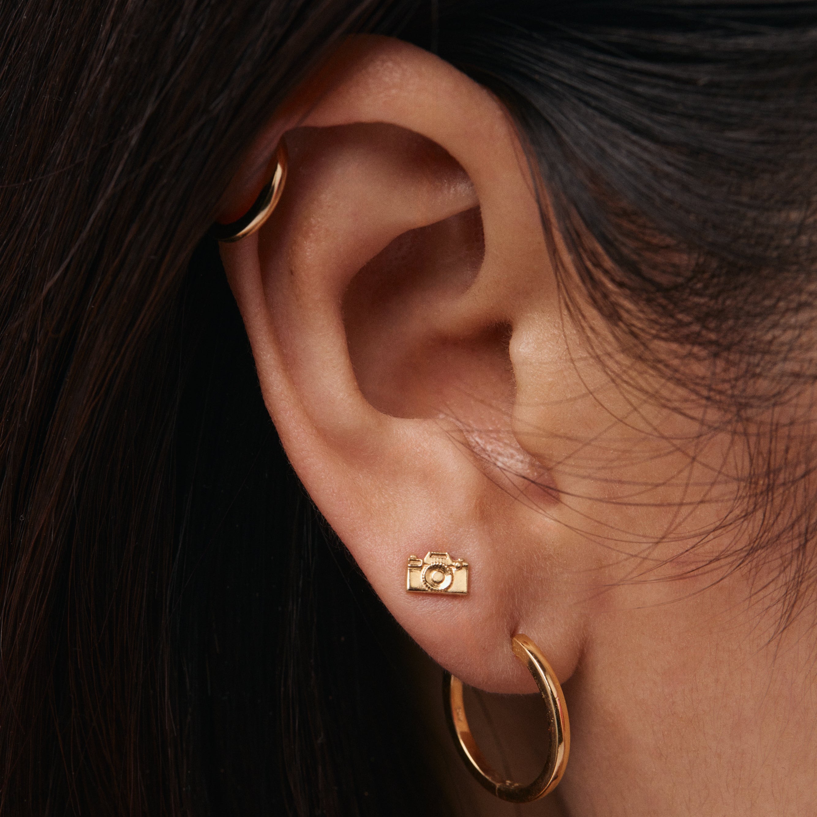 Camera Stud Earring (Single) - Solid 14k Gold